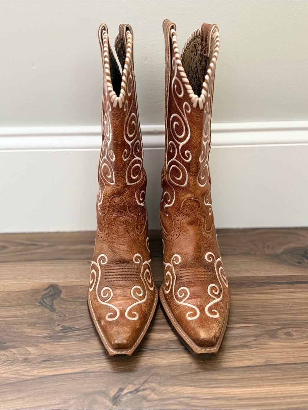 Ariat Tan Leather Western Ankle Boots with White Embroidery